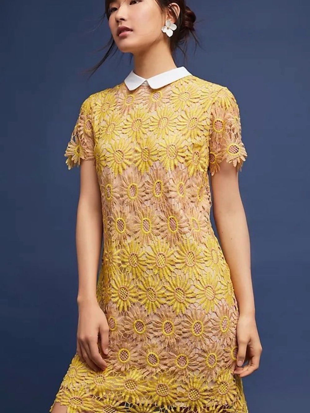 Anthropologie Yellow Daisy Lace Mini Dress with White Collar Accent